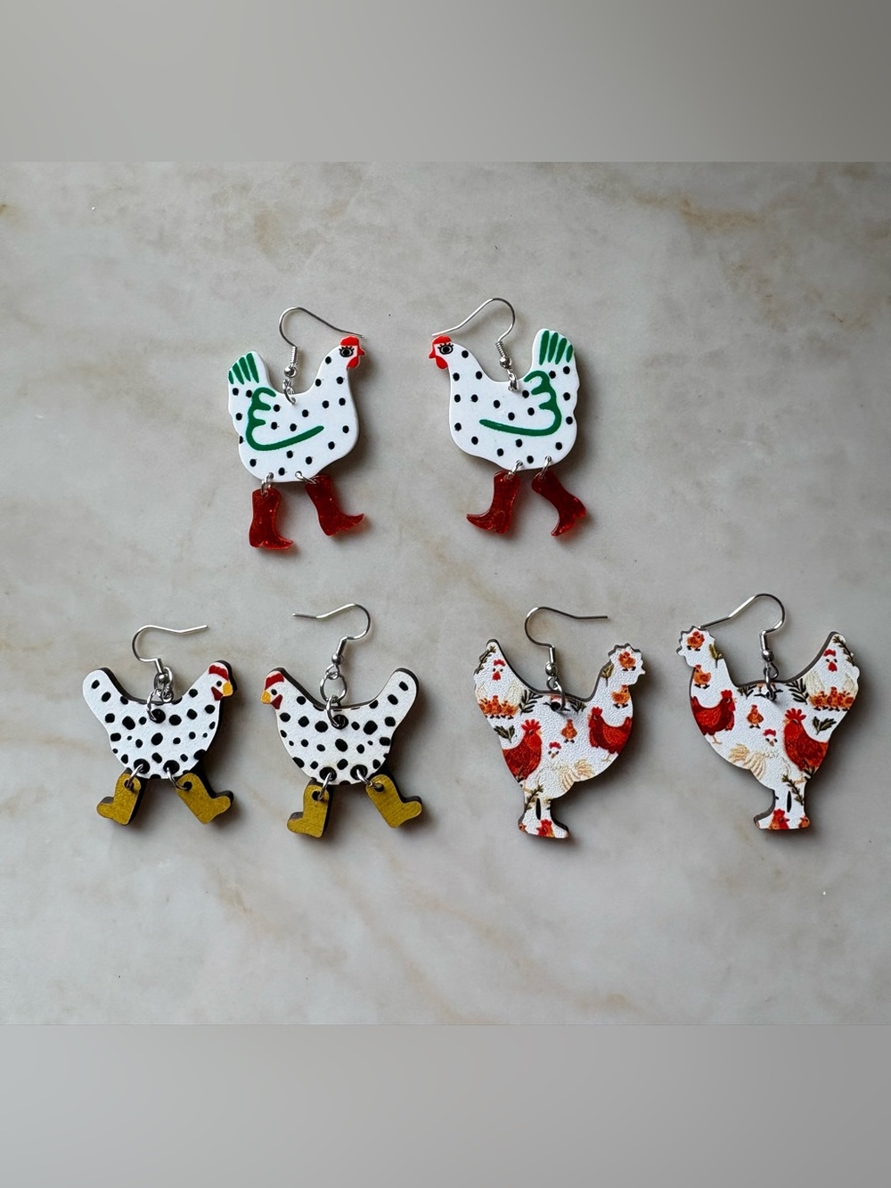 Chicken Bundle Earrings - 3 Pairs Double Sided Wooden & Acrylic